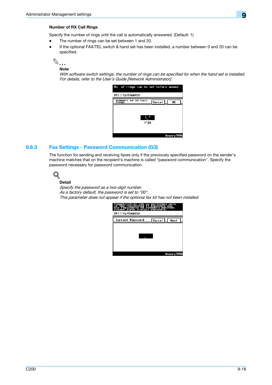 Number of rx call rings, 3 fax settings - password communication (g3), Number of rx call rings -18 | Fax settings - password communication (g3) -18, P. 9-18 | Konica Minolta bizhub C200 User Manual | Page 152 / 176