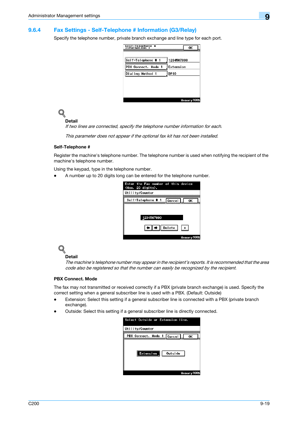 Self-telephone, Pbx connect. mode, P. 9-19 | Konica Minolta bizhub C200 User Manual | Page 153 / 176