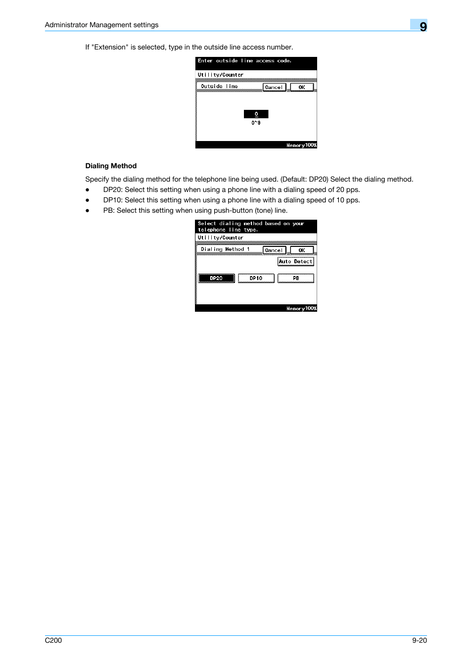 Dialing method, Dialing method -20, P. 9-20 | Konica Minolta bizhub C200 User Manual | Page 154 / 176