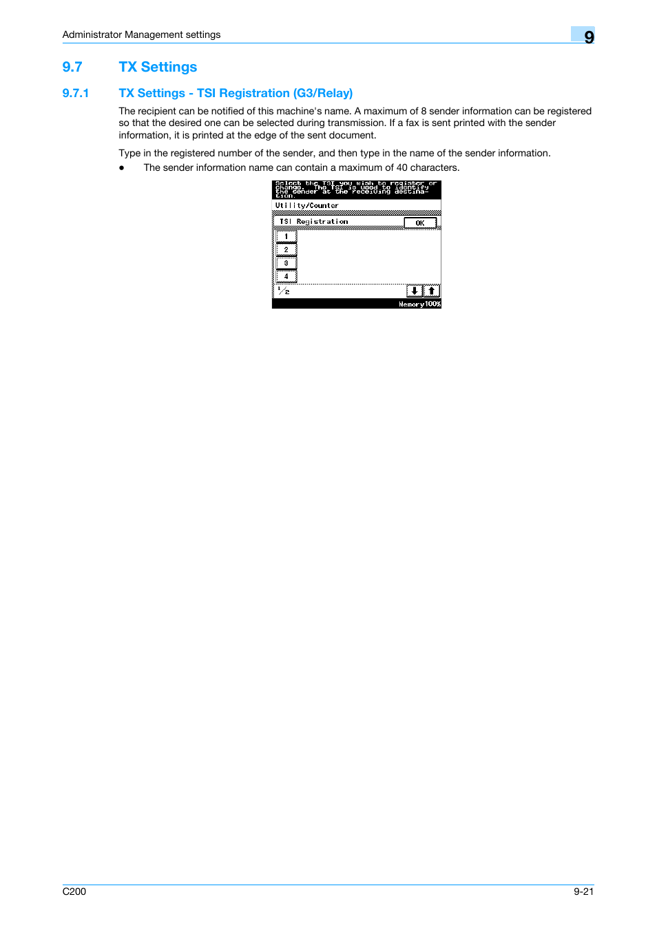 7 tx settings, 1 tx settings - tsi registration (g3/relay), Tx settings -21 | Tx settings - tsi registration (g3/relay) -21, P. 9-21 | Konica Minolta bizhub C200 User Manual | Page 155 / 176