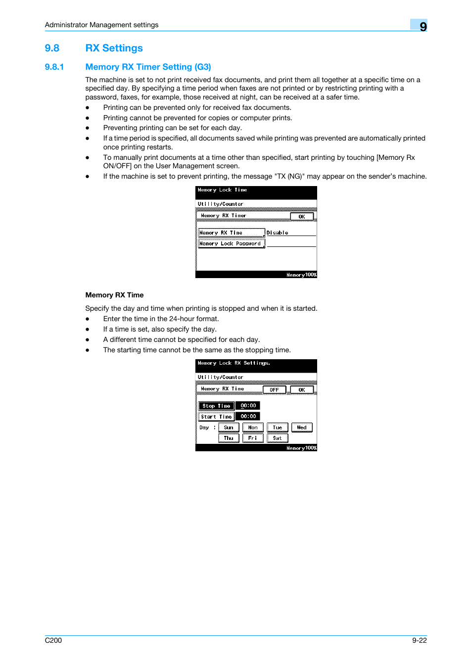 8 rx settings, 1 memory rx timer setting (g3), Memory rx time | Rx settings -22, P. 9-22 | Konica Minolta bizhub C200 User Manual | Page 156 / 176