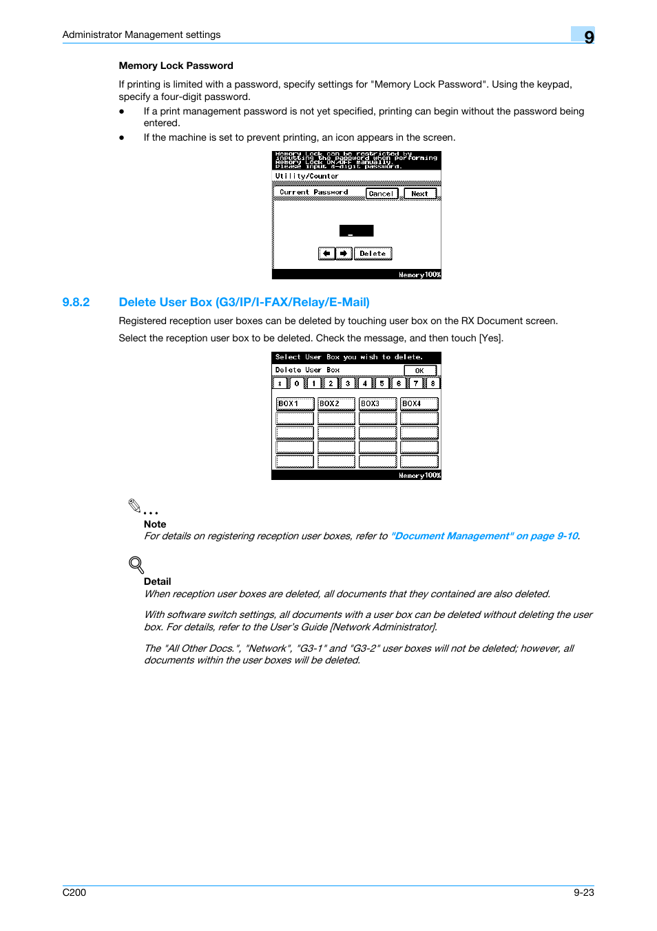 Memory lock password, 2 delete user box (g3/ip/i-fax/relay/e-mail), Memory lock password -23 | Delete user box (g3/ip/i-fax/relay/e-mail) -23, Word, P. 9-23, Ption user boxes, refer to, Delete user box (g3/ip/i-fax/relay/e-mail) | Konica Minolta bizhub C200 User Manual | Page 157 / 176