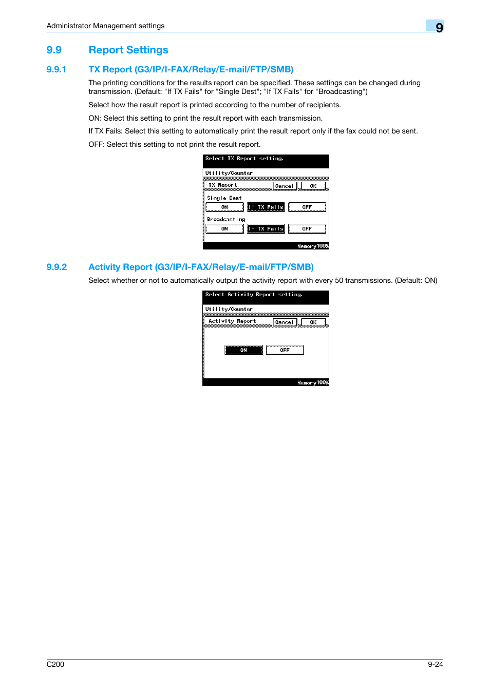 9 report settings, 1 tx report (g3/ip/i-fax/relay/e-mail/ftp/smb), Report settings -24 | Tx report (g3/ip/i-fax/relay/e-mail/ftp/smb) -24, P. 9-24 | Konica Minolta bizhub C200 User Manual | Page 158 / 176