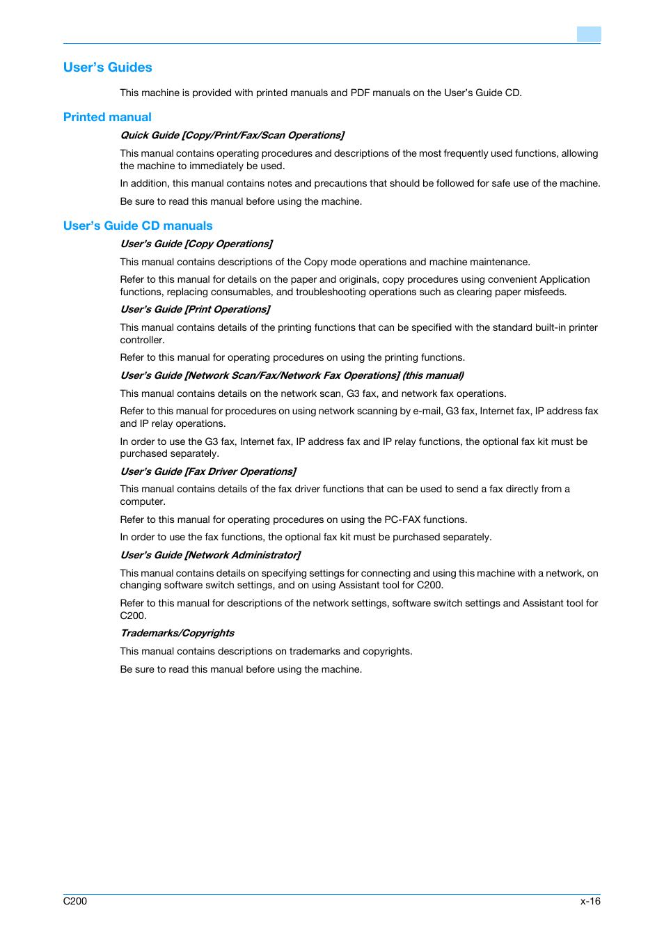 User’s guides, Printed manual, User’s guide cd manuals | Konica Minolta bizhub C200 User Manual | Page 17 / 176