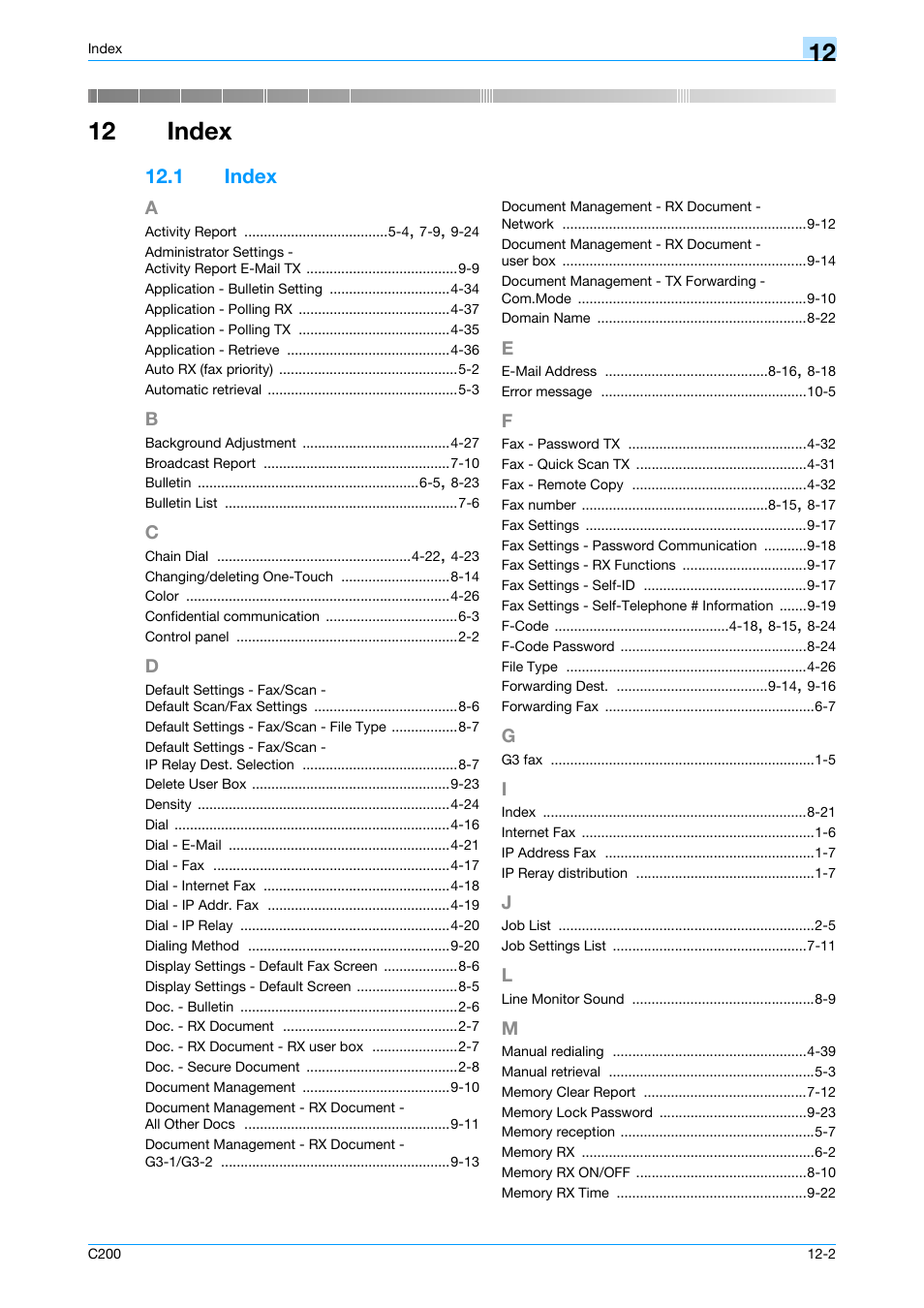 12 index, 1 index, A to m | Index -2, Index | Konica Minolta bizhub C200 User Manual | Page 174 / 176