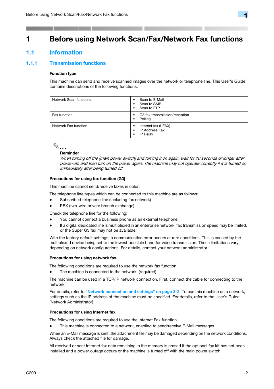 1 information, 1 transmission functions, Function type | Precautions for using fax function (g3), Precautions for using network fax, Precautions for using internet fax, Information -2 | Konica Minolta bizhub C200 User Manual | Page 19 / 176