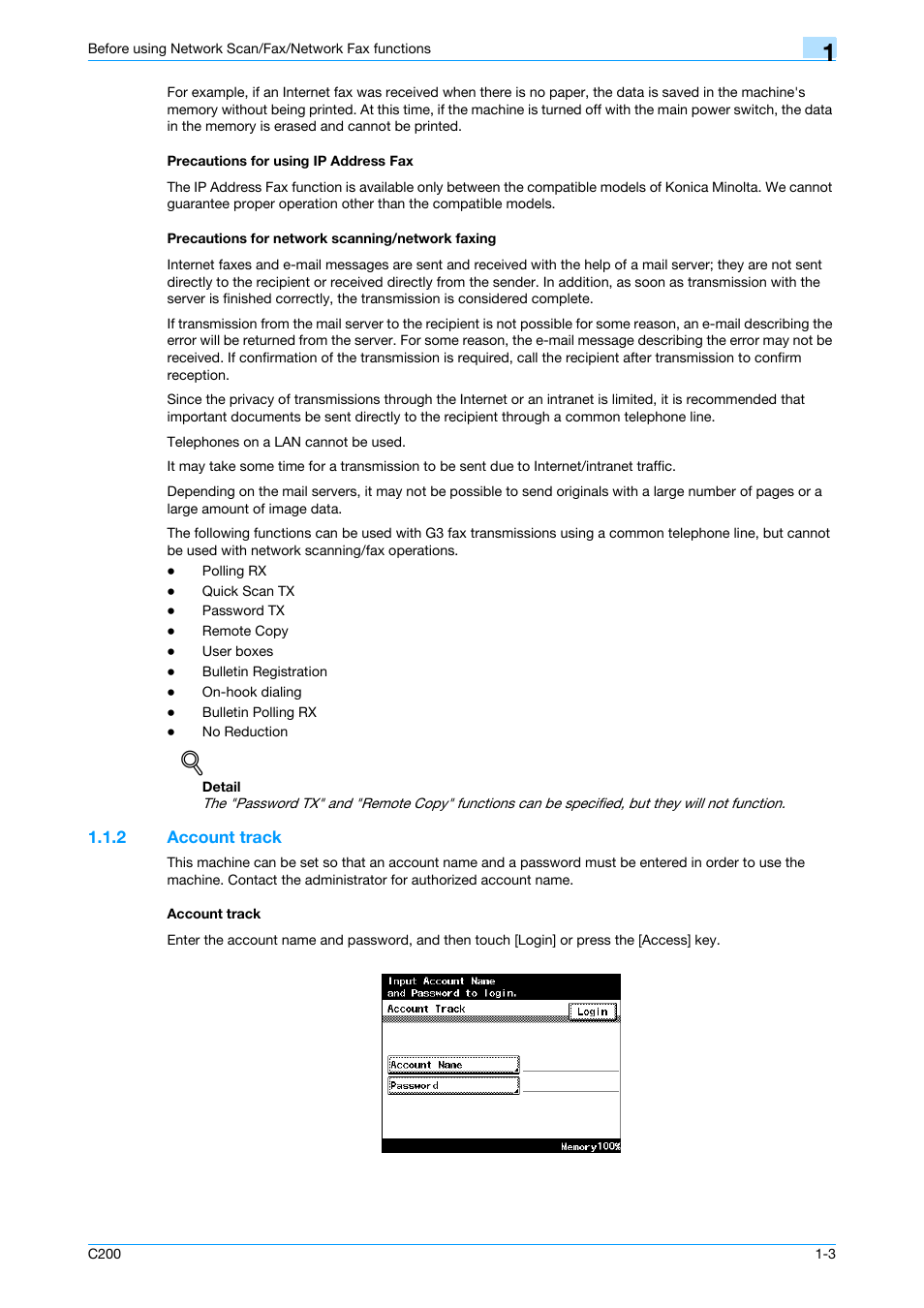 Precautions for using ip address fax, Precautions for network scanning/network faxing, 2 account track | Account track, Account track -3 account track -3 | Konica Minolta bizhub C200 User Manual | Page 20 / 176