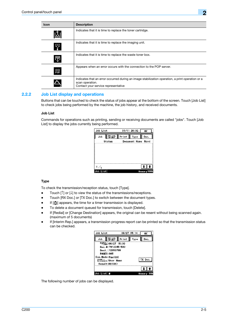 2 job list display and operations, Job list, Type | Konica Minolta bizhub C200 User Manual | Page 29 / 176