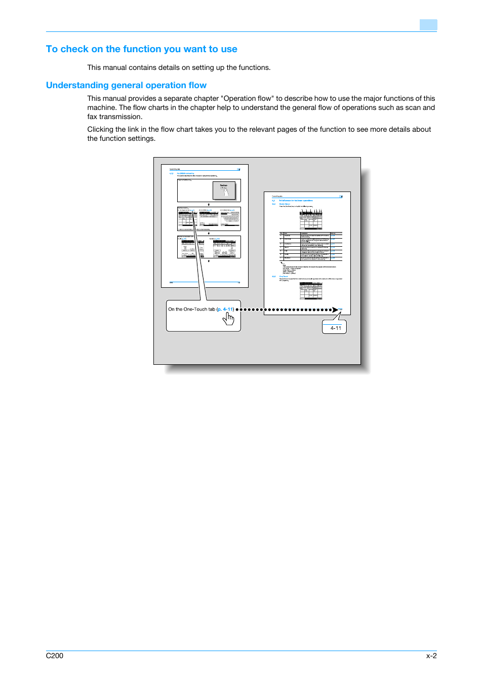 To check on the function you want to use, Understanding general operation flow | Konica Minolta bizhub C200 User Manual | Page 3 / 176