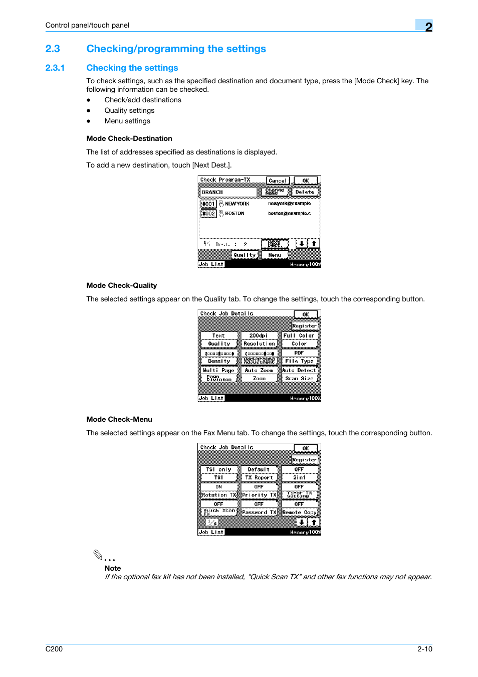 3 checking/programming the settings, 1 checking the settings, Mode check-destination | Mode check-quality, Mode check-menu, Checking/programming the settings -10 | Konica Minolta bizhub C200 User Manual | Page 34 / 176