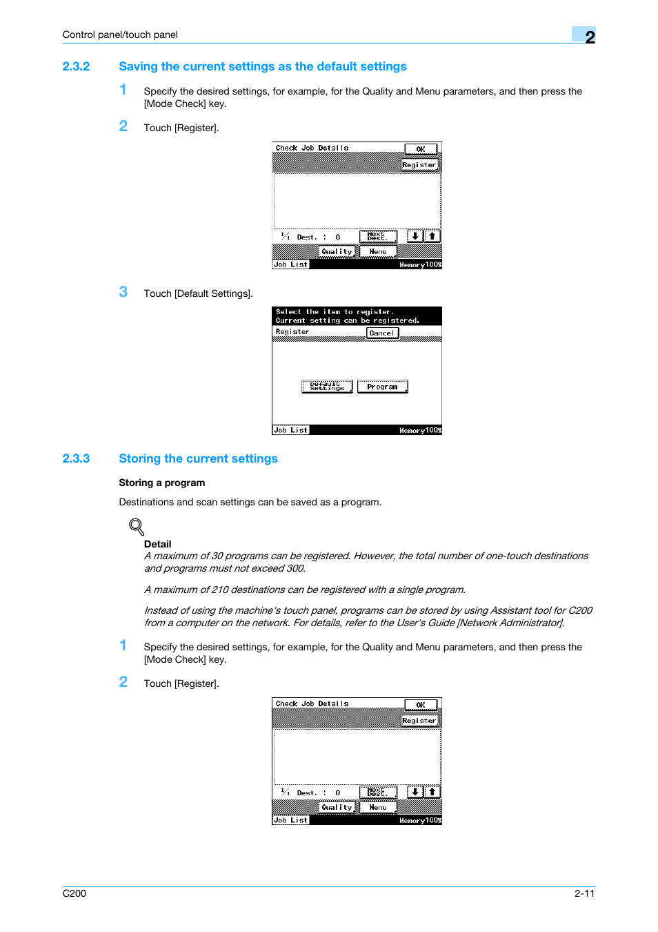 3 storing the current settings, Storing a program | Konica Minolta bizhub C200 User Manual | Page 35 / 176