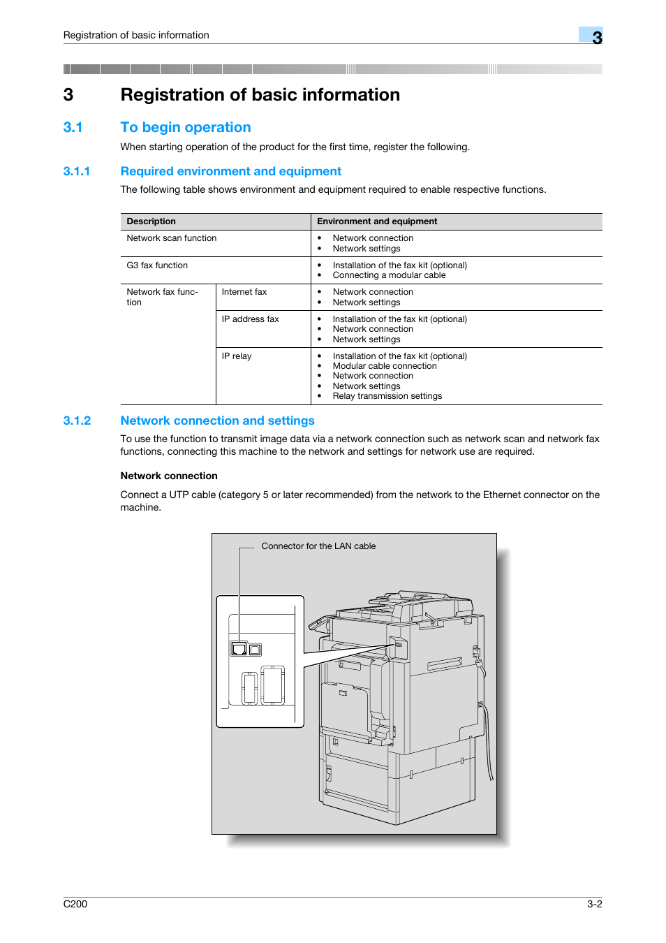 3 registration of basic information, 1 to begin operation, 1 required environment and equipment | 2 network connection and settings, Network connection, Registration of basic information, To begin operation -2, Required environment and equipment -2, 3registration of basic information | Konica Minolta bizhub C200 User Manual | Page 39 / 176