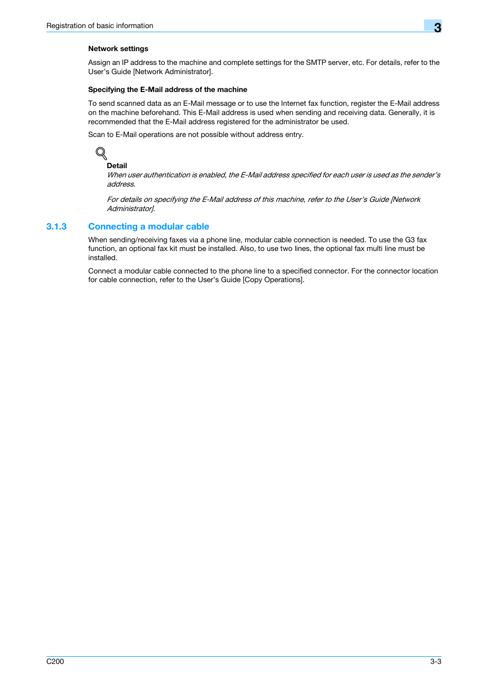 Network settings, Specifying the e-mail address of the machine, 3 connecting a modular cable | Connecting a modular cable -3 | Konica Minolta bizhub C200 User Manual | Page 40 / 176