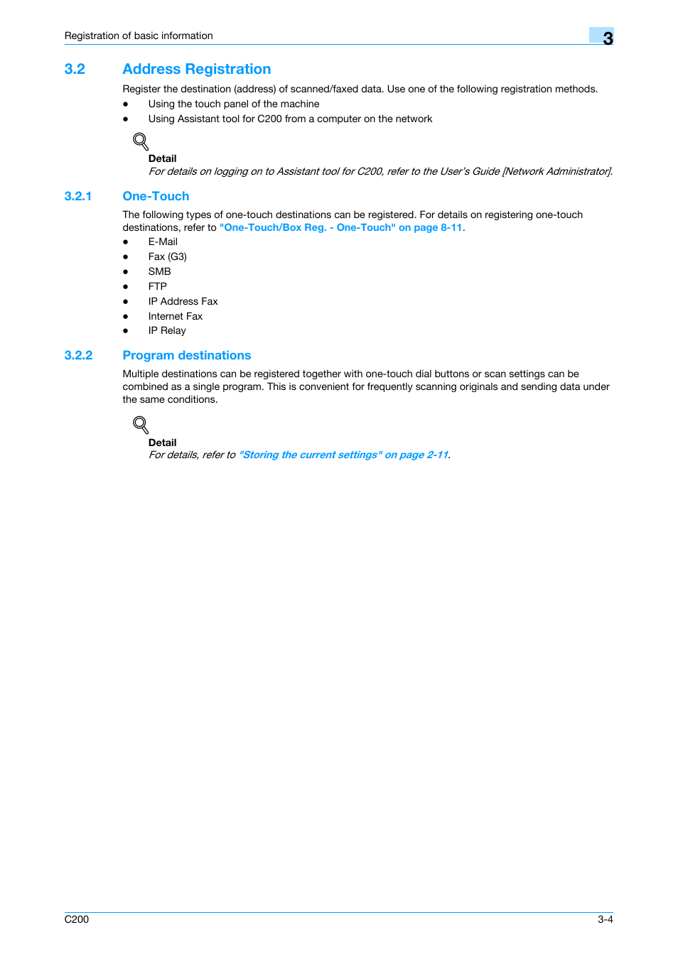 2 address registration, 1 one-touch, 2 program destinations | Address registration -4, One-touch -4, Program destinations -4 | Konica Minolta bizhub C200 User Manual | Page 41 / 176