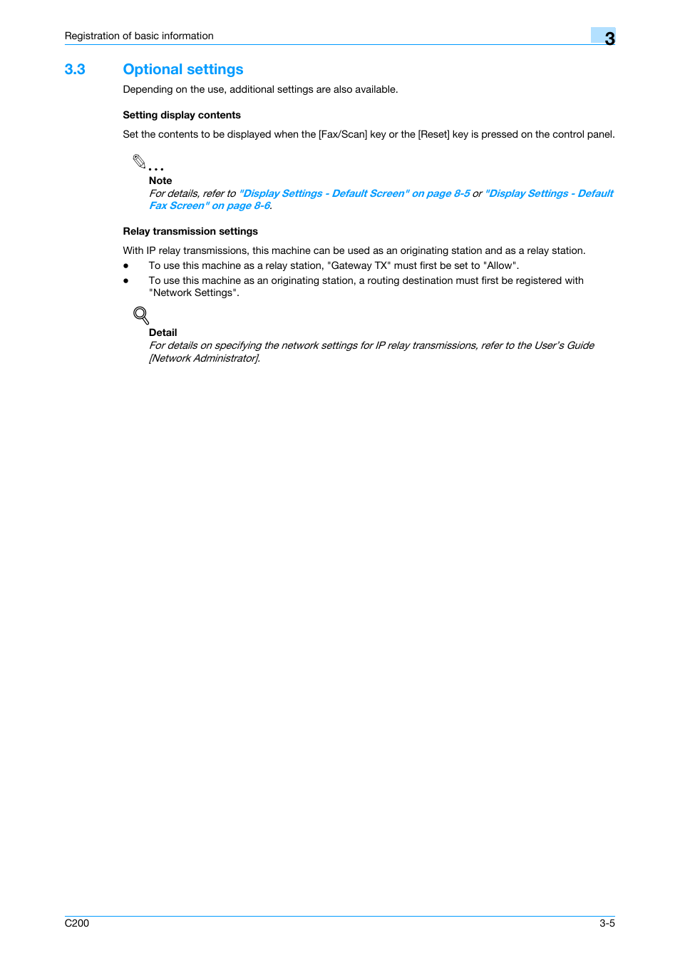 3 optional settings, Setting display contents, Relay transmission settings | Konica Minolta bizhub C200 User Manual | Page 42 / 176