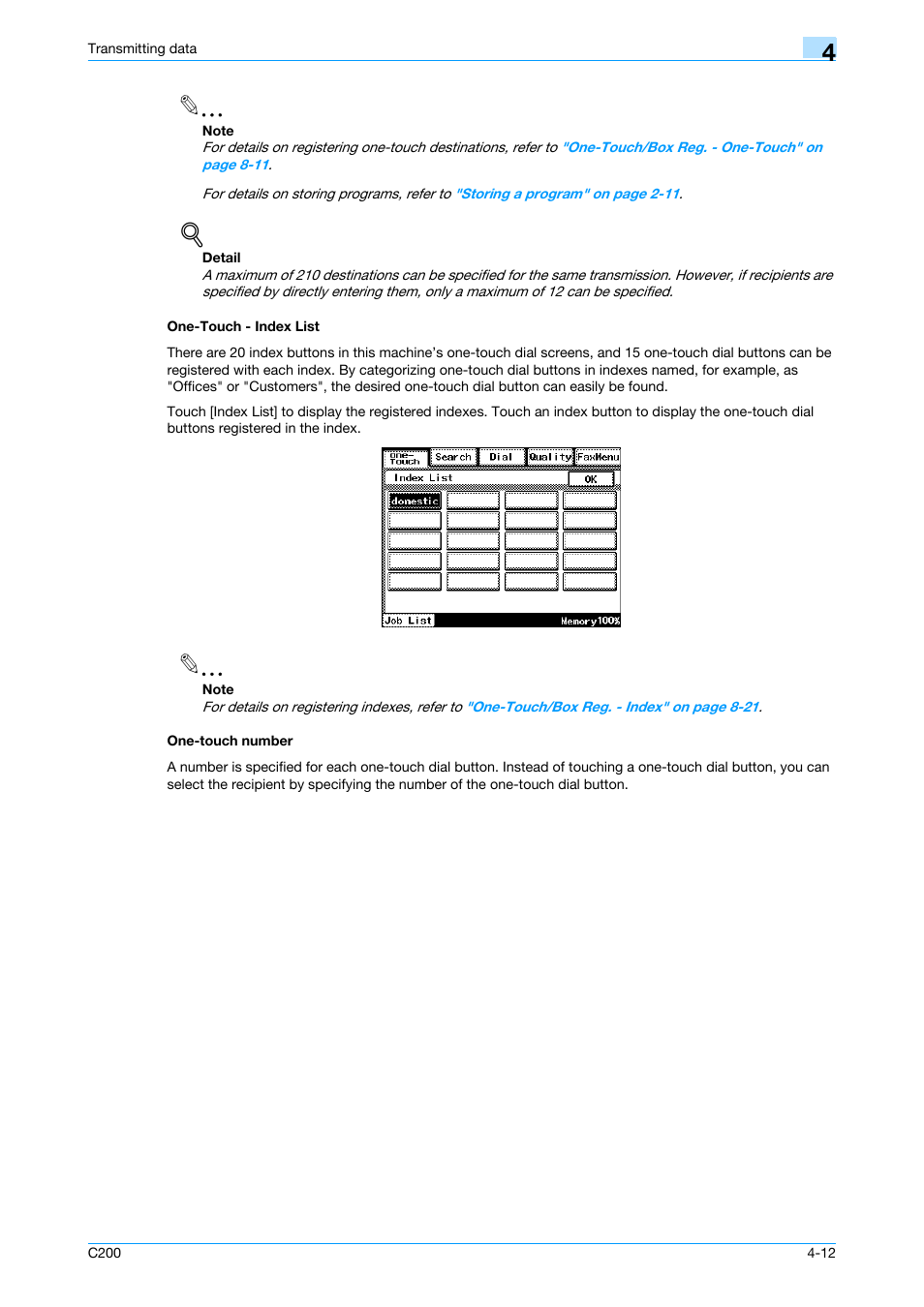 One-touch - index list, One-touch number, One-touch - index list -12 one-touch number -12 | P. 4-12 | Konica Minolta bizhub C200 User Manual | Page 54 / 176