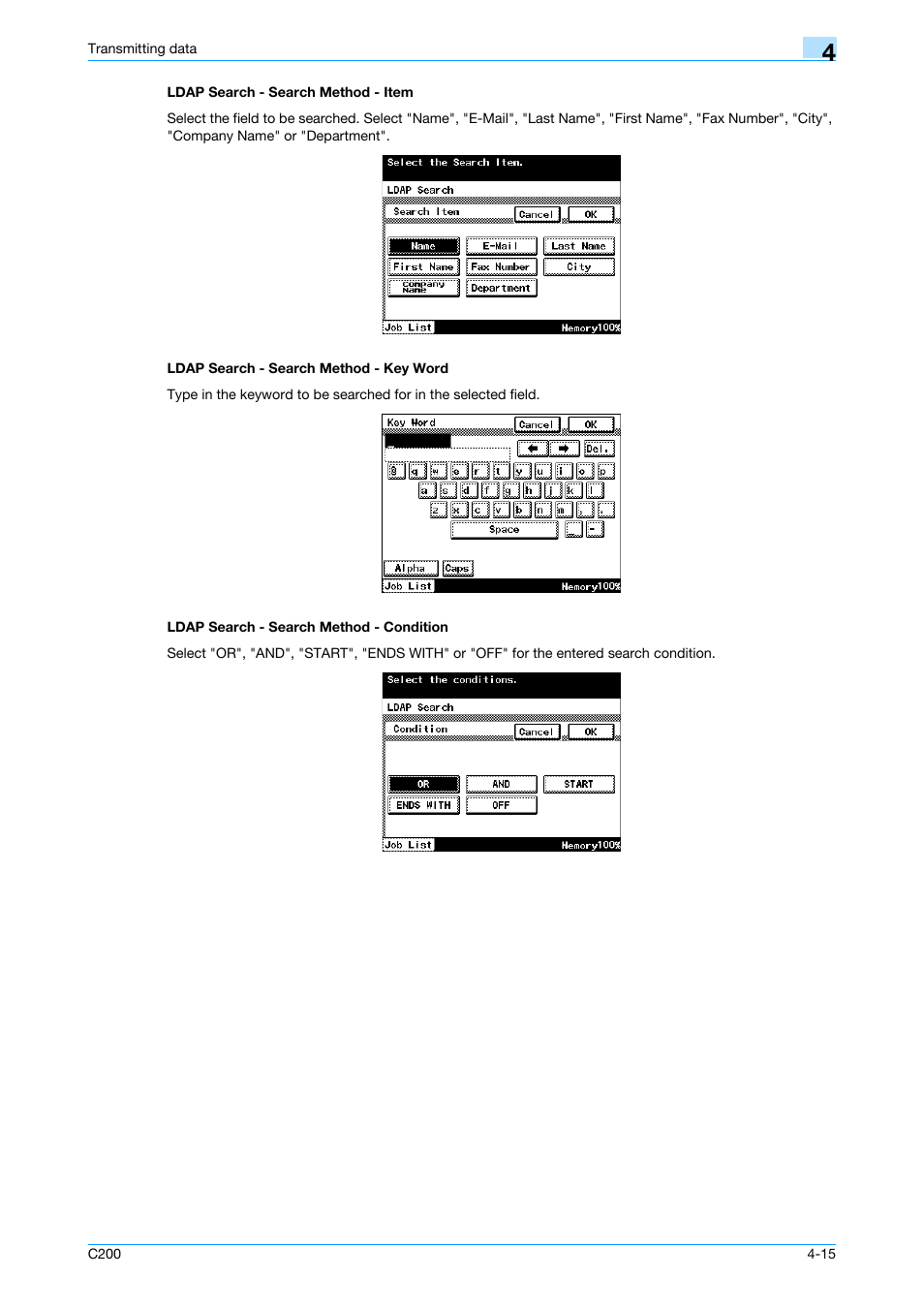 Ldap search - search method - item, Ldap search - search method - key word, Ldap search - search method - condition | Konica Minolta bizhub C200 User Manual | Page 57 / 176