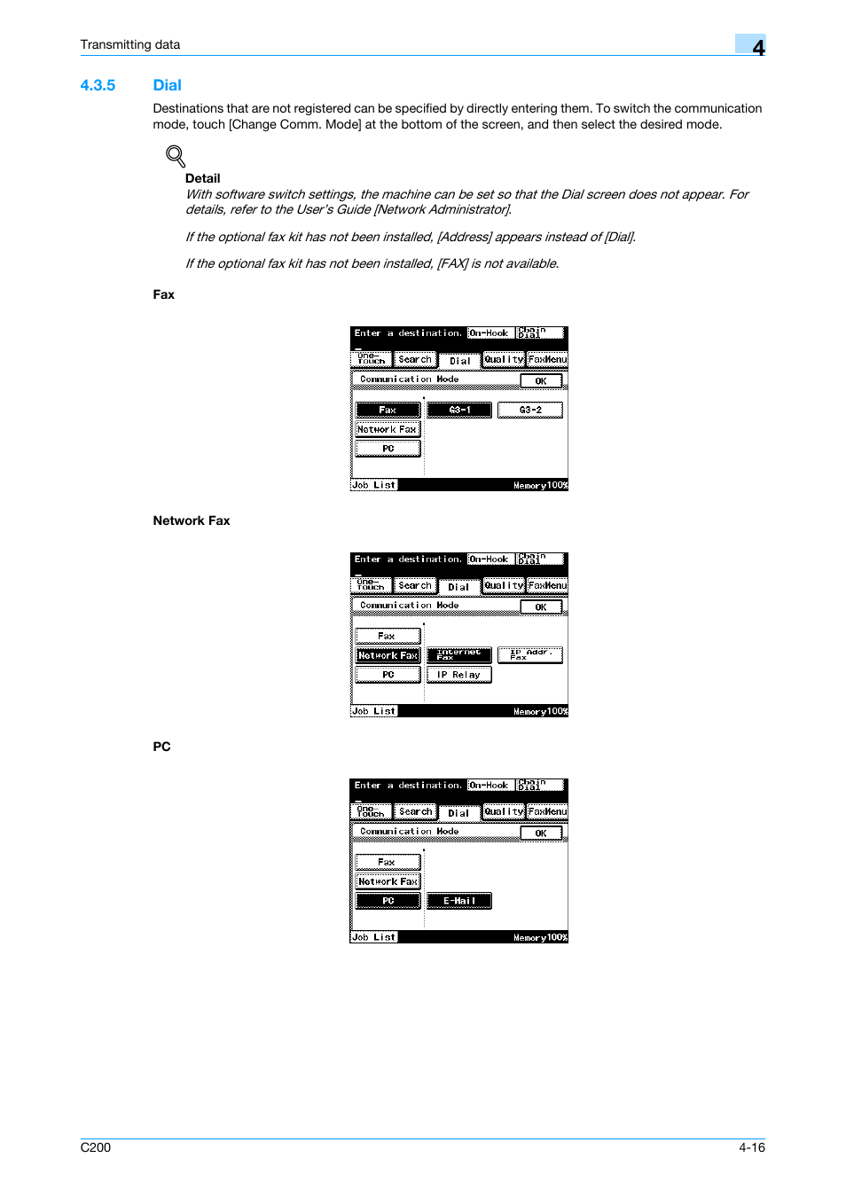 5 dial, Network fax, Dial -16 fax -16 network fax -16 pc -16 | P. 4-16 | Konica Minolta bizhub C200 User Manual | Page 58 / 176