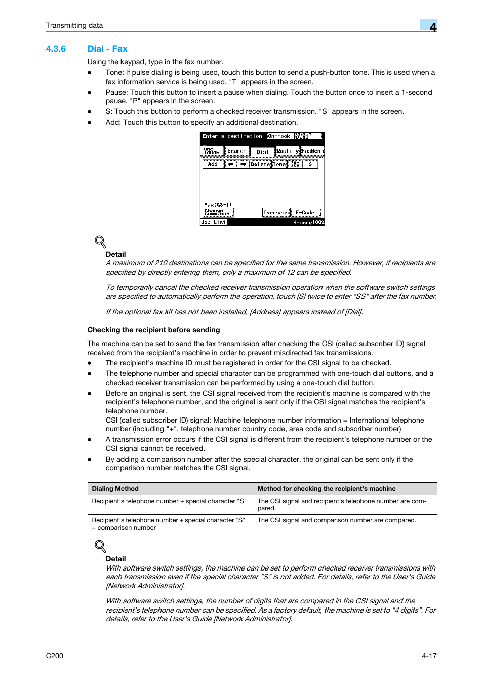 6 dial - fax, Checking the recipient before sending | Konica Minolta bizhub C200 User Manual | Page 59 / 176