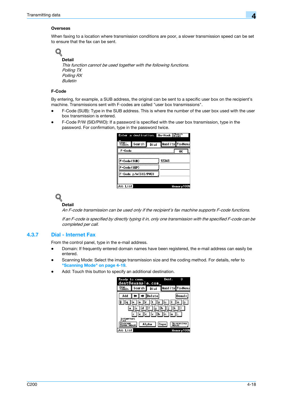 Overseas, F-code, 7 dial - internet fax | Overseas -18 f-code -18, Dial - internet fax -18, Internet fax, P. 4-18 | Konica Minolta bizhub C200 User Manual | Page 60 / 176