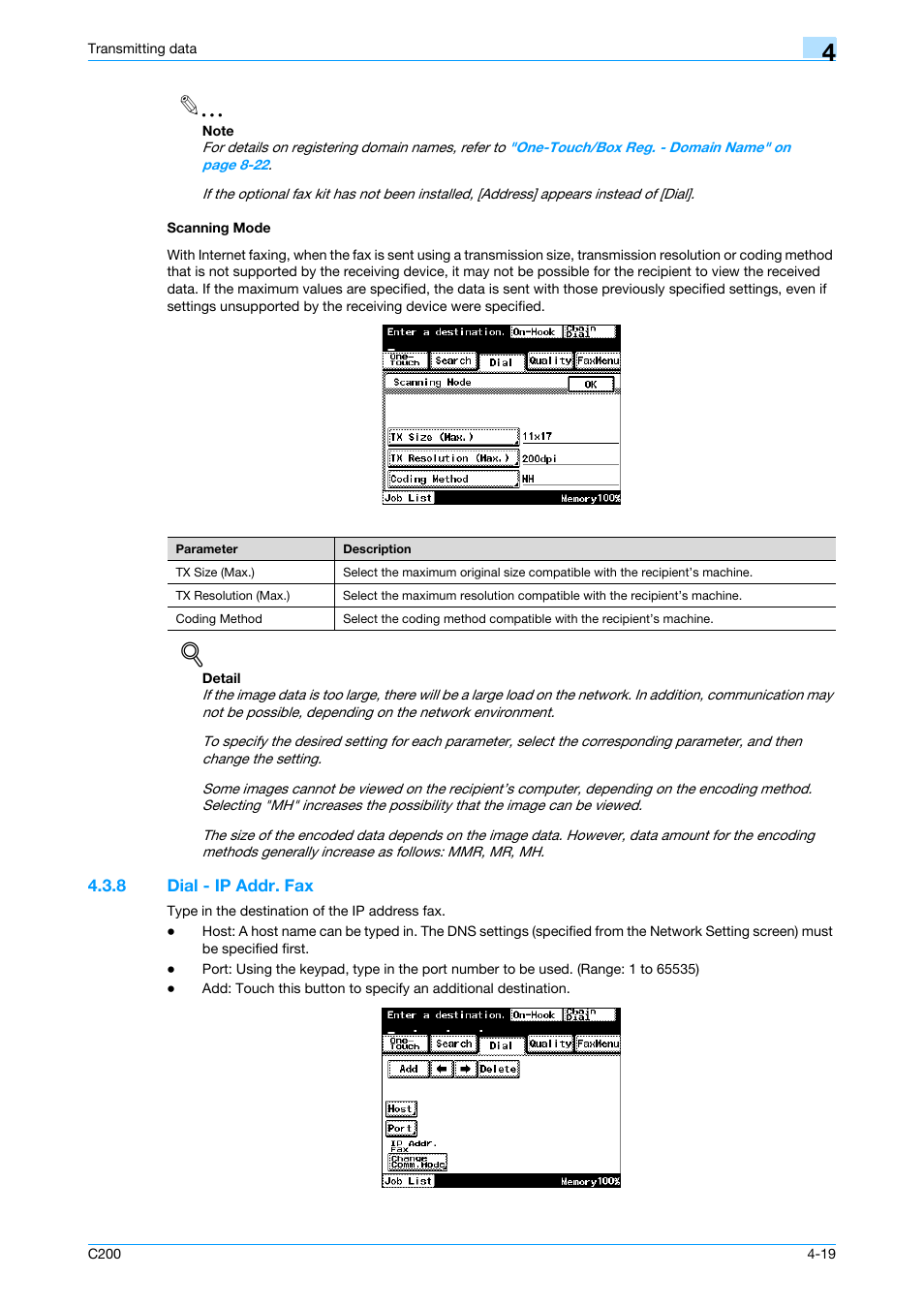 Scanning mode, 8 dial - ip addr. fax, Scanning mode -19 | Dial - ip addr. fax -19, P. 4-19 | Konica Minolta bizhub C200 User Manual | Page 61 / 176