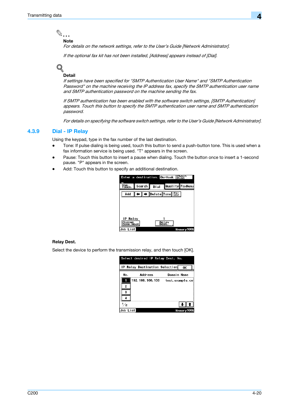 9 dial - ip relay, Relay dest, Dial - ip relay -20 relay dest -20 | P. 4-20 | Konica Minolta bizhub C200 User Manual | Page 62 / 176