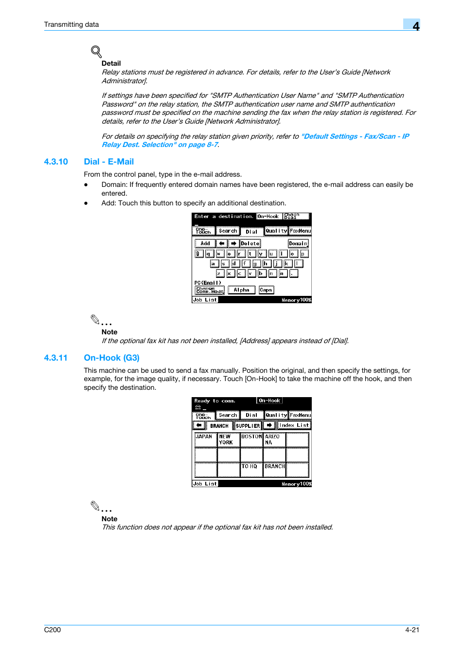 10 dial - e-mail, 11 on-hook (g3), Dial - e-mail -21 | On-hook (g3) -21, P. 4-21 | Konica Minolta bizhub C200 User Manual | Page 63 / 176