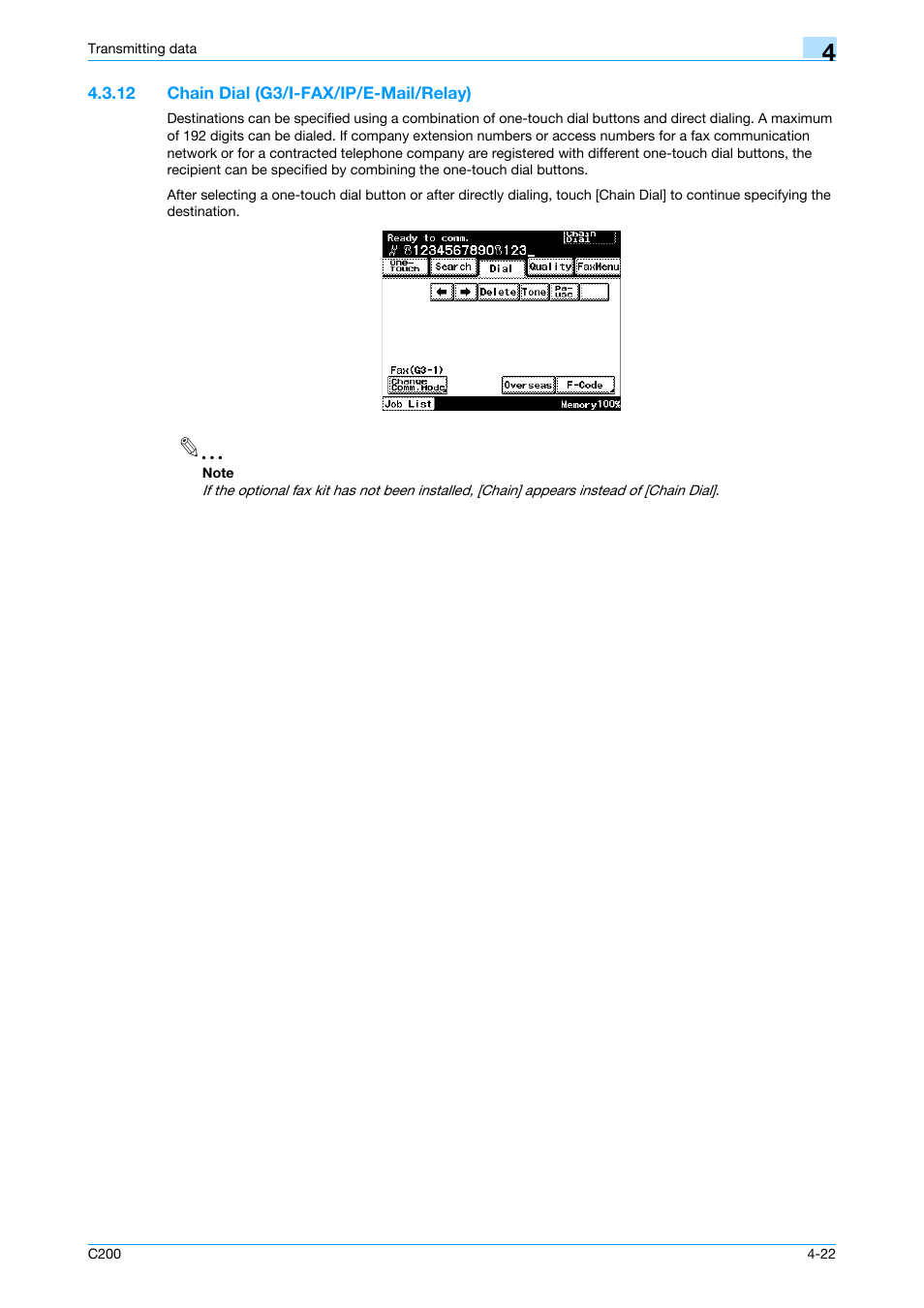 12 chain dial (g3/i-fax/ip/e-mail/relay), Chain dial (g3/i-fax/ip/e-mail/relay) -22, P. 4-22 | Konica Minolta bizhub C200 User Manual | Page 64 / 176