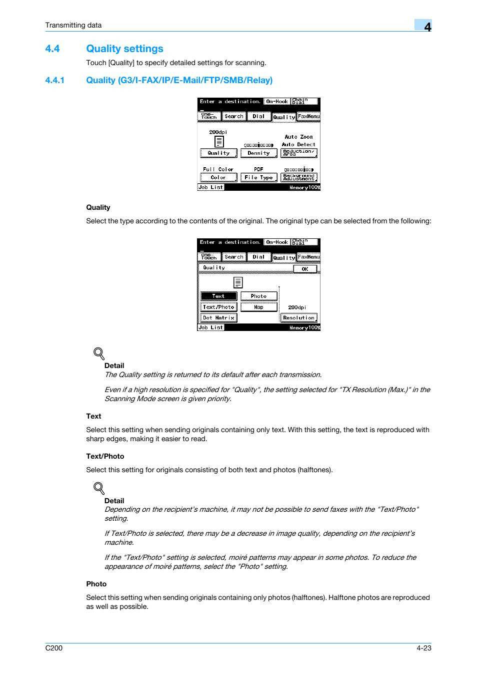4 quality settings, 1 quality (g3/i-fax/ip/e-mail/ftp/smb/relay), Quality | Text, Text/photo, Photo, Quality settings -23, P. 4-23 | Konica Minolta bizhub C200 User Manual | Page 65 / 176