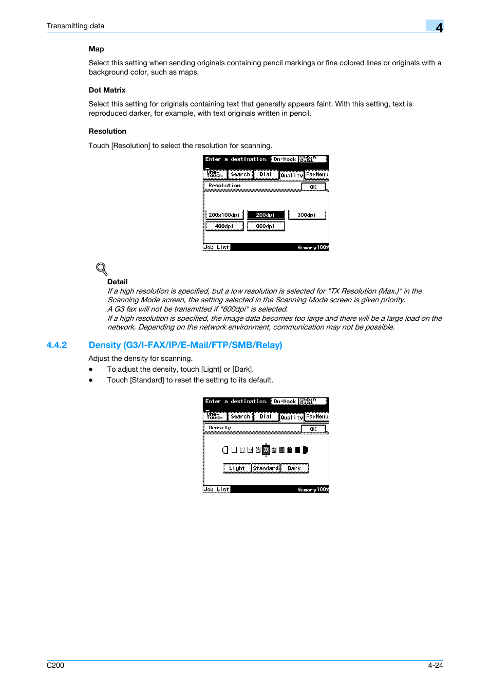 Dot matrix, Resolution, 2 density (g3/i-fax/ip/e-mail/ftp/smb/relay) | Map -24 dot matrix -24 resolution -24, Density (g3/i-fax/ip/e-mail/ftp/smb/relay) -24, P. 4-24 | Konica Minolta bizhub C200 User Manual | Page 66 / 176