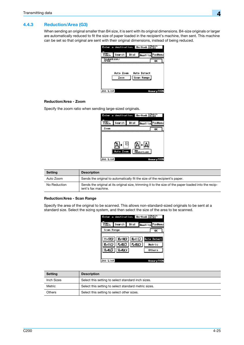 3 reduction/area (g3), Reduction/area - zoom, Reduction/area - scan range | P. 4-25 | Konica Minolta bizhub C200 User Manual | Page 67 / 176