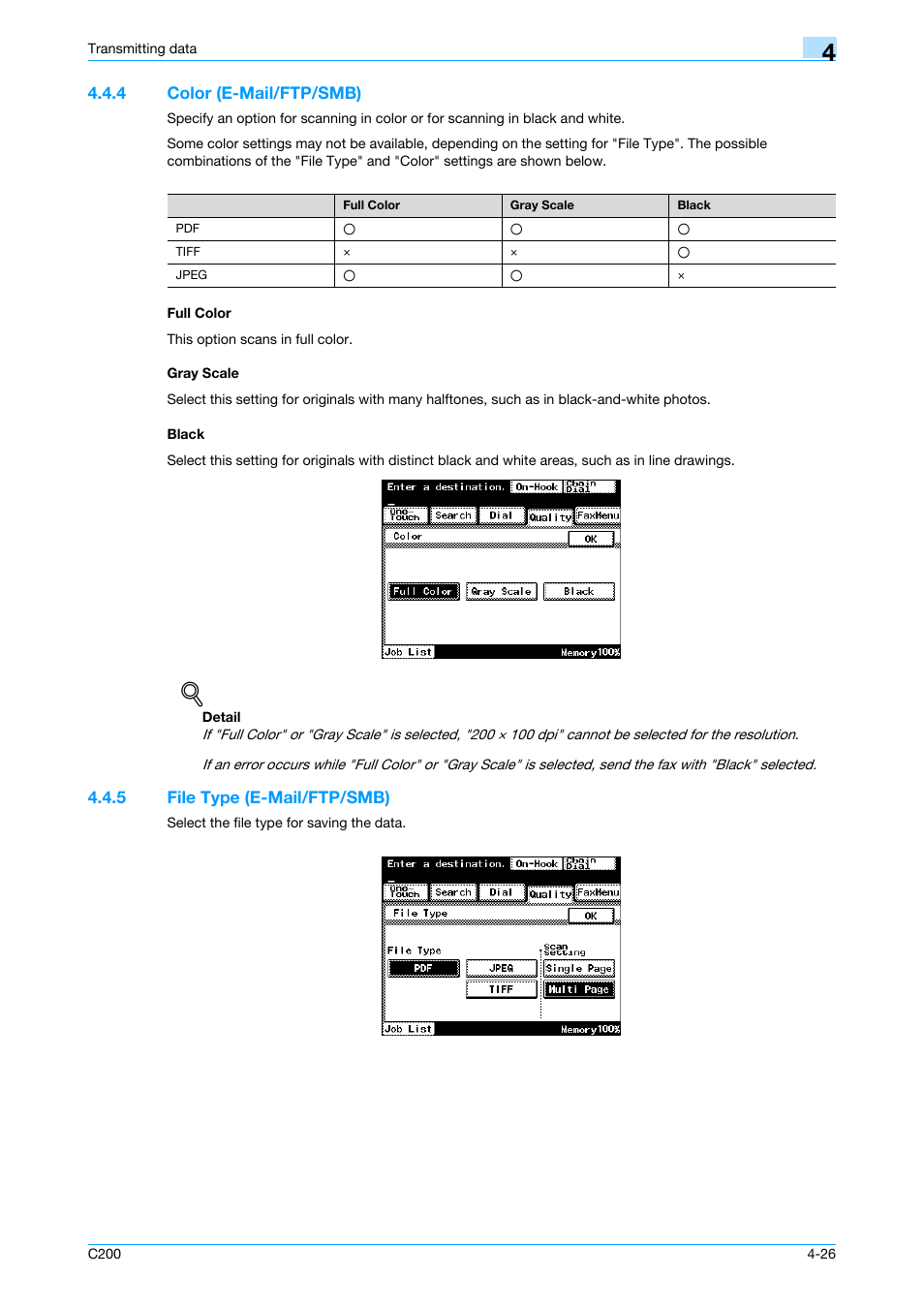 4 color (e-mail/ftp/smb), Full color, Gray scale | Black, 5 file type (e-mail/ftp/smb), File type (e-mail/ftp/smb) -26, P. 4-26 | Konica Minolta bizhub C200 User Manual | Page 68 / 176