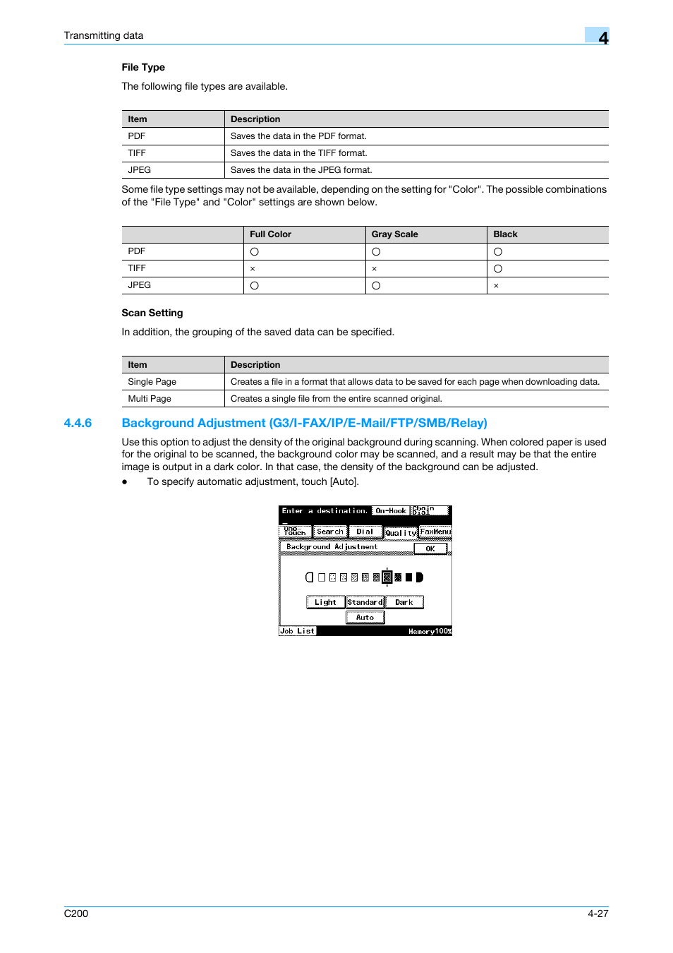 File type, Scan setting, File type -27 scan setting -27 | P. 4-27 | Konica Minolta bizhub C200 User Manual | Page 69 / 176