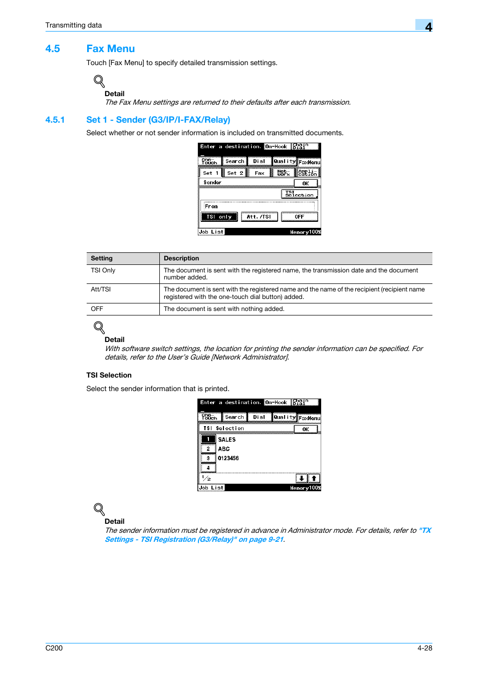 5 fax menu, 1 set 1 - sender (g3/ip/i-fax/relay), Tsi selection | Fax menu -28, Fax menu, P. 4-28 | Konica Minolta bizhub C200 User Manual | Page 70 / 176