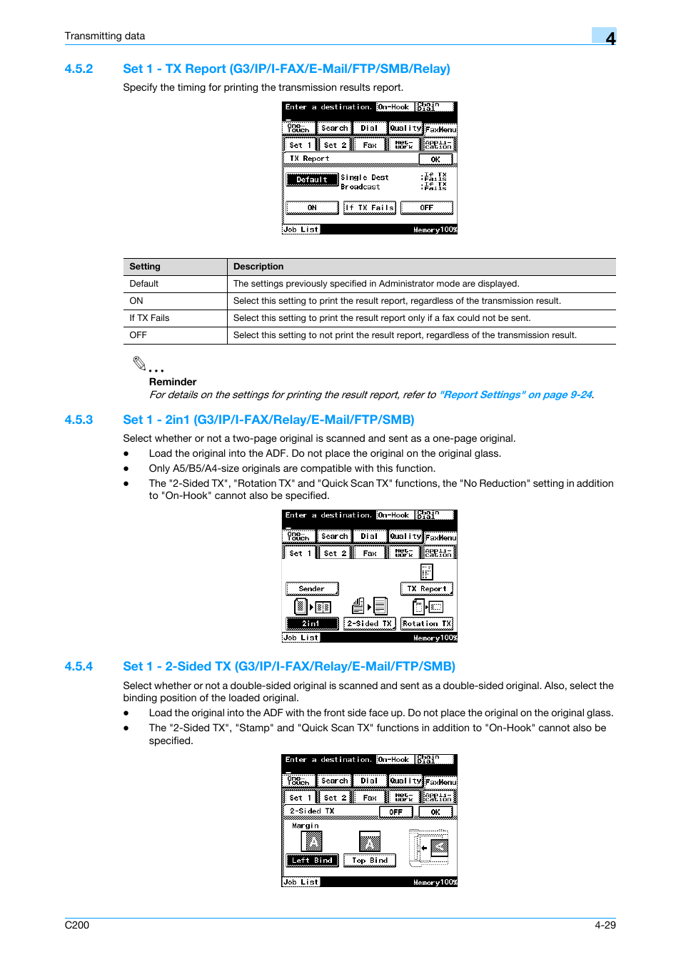 3 set 1 - 2in1 (g3/ip/i-fax/relay/e-mail/ftp/smb), P. 4-29 | Konica Minolta bizhub C200 User Manual | Page 71 / 176