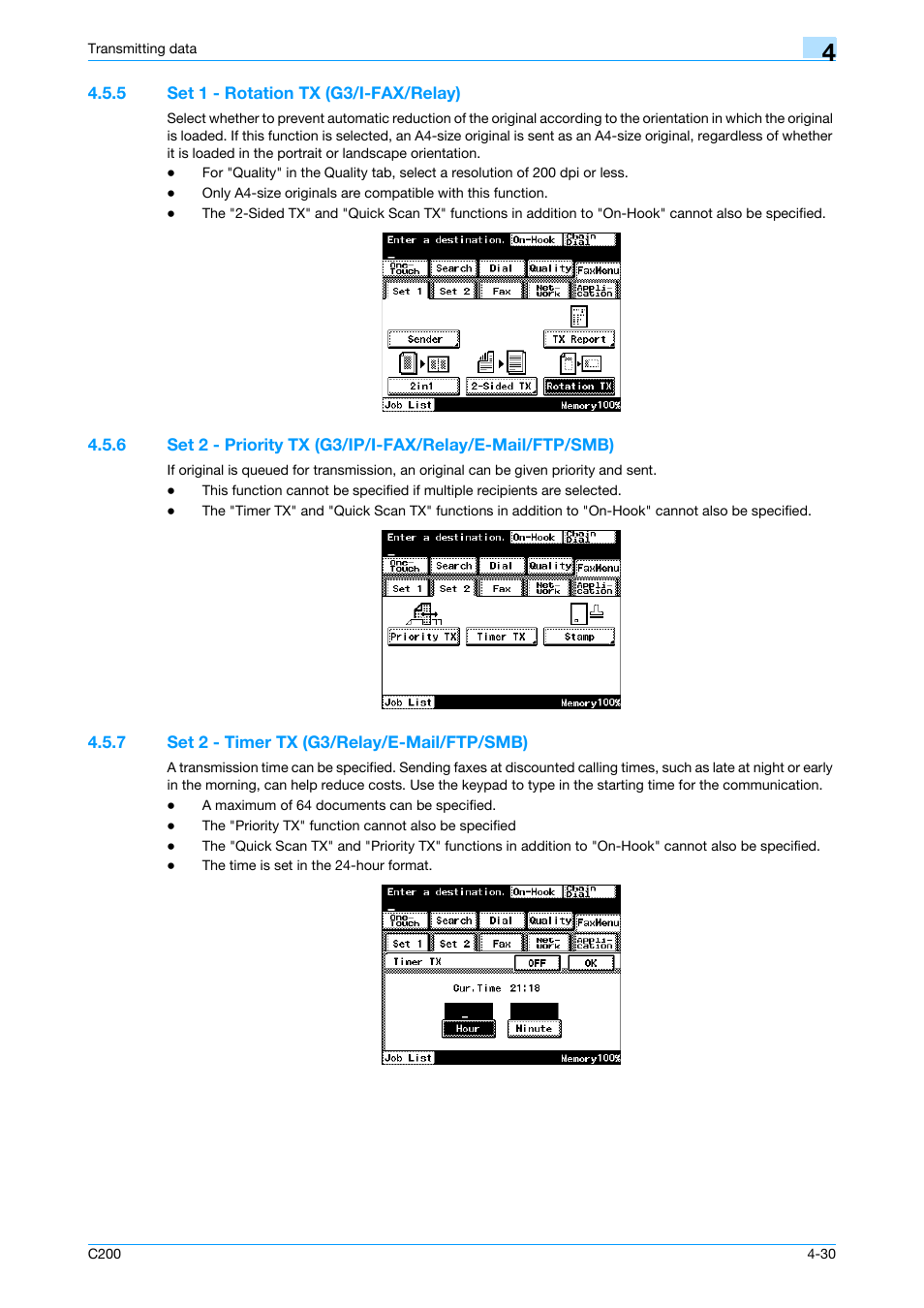 5 set 1 - rotation tx (g3/i-fax/relay), 7 set 2 - timer tx (g3/relay/e-mail/ftp/smb), Set 1 - rotation tx (g3/i-fax/relay) -30 | Set 2 - timer tx (g3/relay/e-mail/ftp/smb) -30, P. 4-30 | Konica Minolta bizhub C200 User Manual | Page 72 / 176