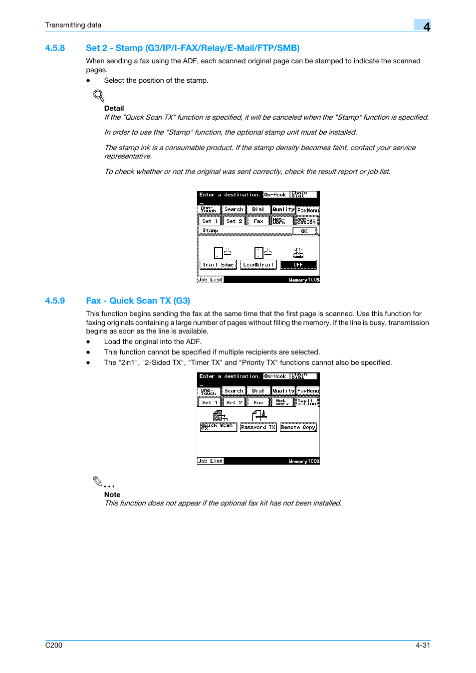 8 set 2 - stamp (g3/ip/i-fax/relay/e-mail/ftp/smb), 9 fax - quick scan tx (g3), Fax - quick scan tx (g3) -31 | P. 4-31 | Konica Minolta bizhub C200 User Manual | Page 73 / 176