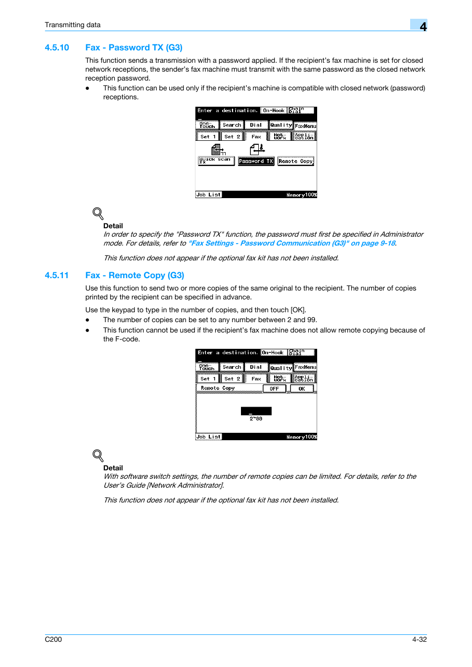 10 fax - password tx (g3), 11 fax - remote copy (g3), Fax - password tx (g3) -32 | Fax - remote copy (g3) -32, P. 4-32 | Konica Minolta bizhub C200 User Manual | Page 74 / 176