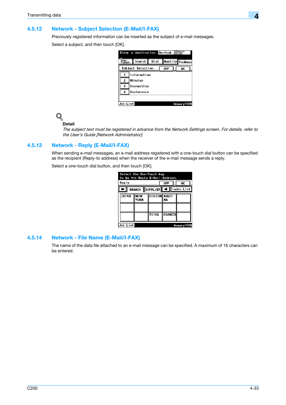 12 network - subject selection (e-mail/i-fax), 13 network - reply (e-mail/i-fax), 14 network - file name (e-mail/i-fax) | Network - subject selection (e-mail/i-fax) -33, Network - reply (e-mail/i-fax) -33, Network - file name (e-mail/i-fax) -33, P. 4-33 | Konica Minolta bizhub C200 User Manual | Page 75 / 176