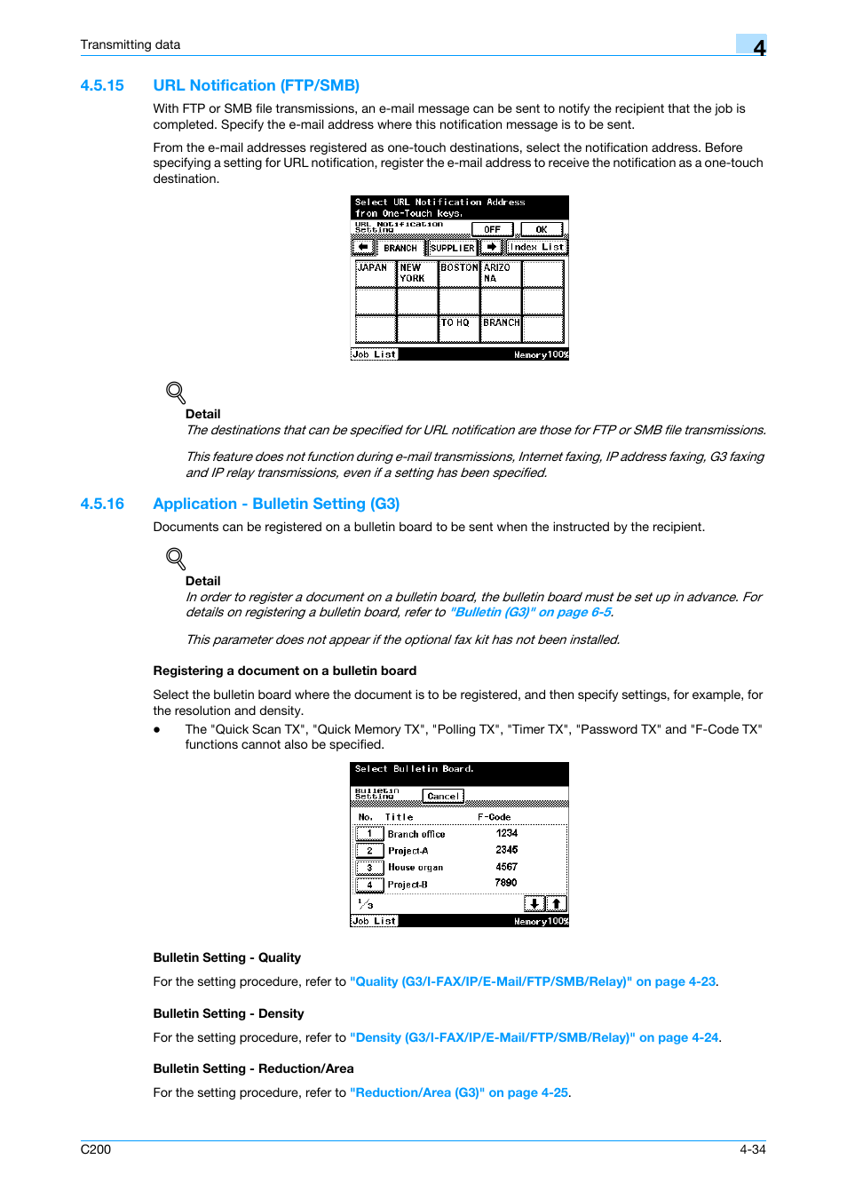 15 url notification (ftp/smb), 16 application - bulletin setting (g3), Registering a document on a bulletin board | Bulletin setting - quality, Bulletin setting - density, Bulletin setting - reduction/area, Url notification (ftp/smb) -34, P. 4-34 | Konica Minolta bizhub C200 User Manual | Page 76 / 176