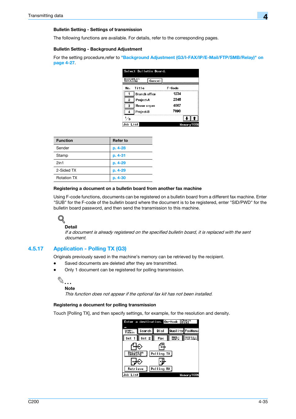 Bulletin setting - settings of transmission, Bulletin setting - background adjustment, 17 application - polling tx (g3) | Registering a document for polling transmission, P. 4-35 | Konica Minolta bizhub C200 User Manual | Page 77 / 176
