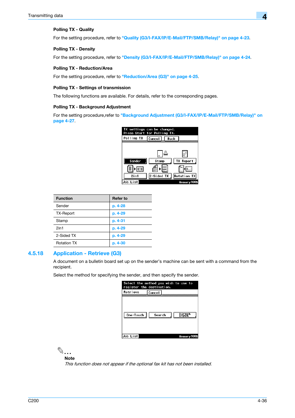 Polling tx - quality, Polling tx - density, Polling tx - reduction/area | Polling tx - settings of transmission, Polling tx - background adjustment, 18 application - retrieve (g3), Polling tx - quality -36, Application - retrieve (g3) -36, Trieve, P. 4-36 | Konica Minolta bizhub C200 User Manual | Page 78 / 176