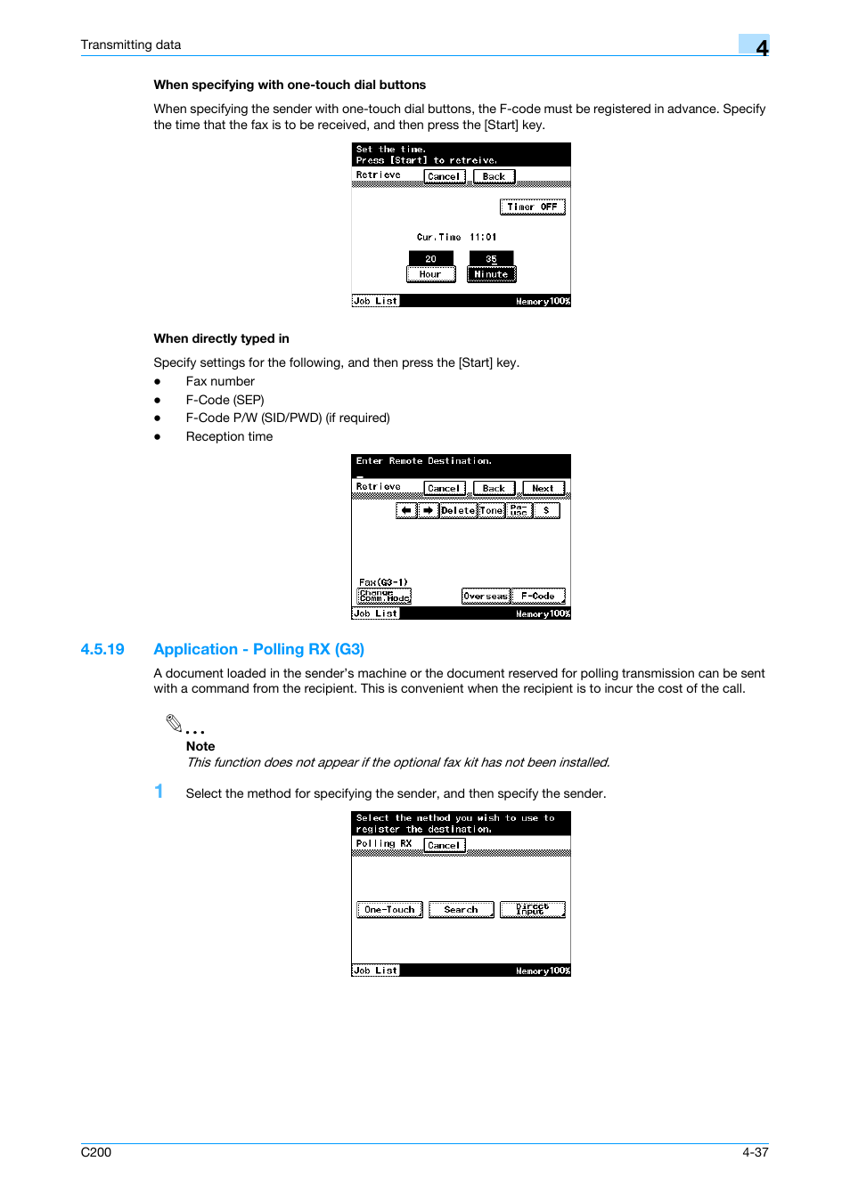 When specifying with one-touch dial buttons, When directly typed in, 19 application - polling rx (g3) | Application - polling rx (g3) -37, P. 4-37 | Konica Minolta bizhub C200 User Manual | Page 79 / 176