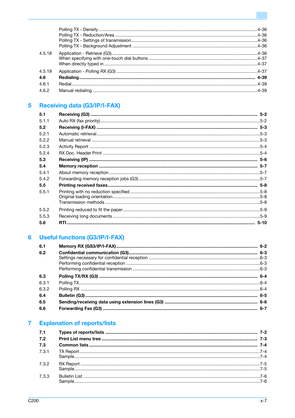 5receiving data (g3/ip/i-fax), 6useful functions (g3/ip/i-fax), 7explanation of reports/lists | Konica Minolta bizhub C200 User Manual | Page 8 / 176