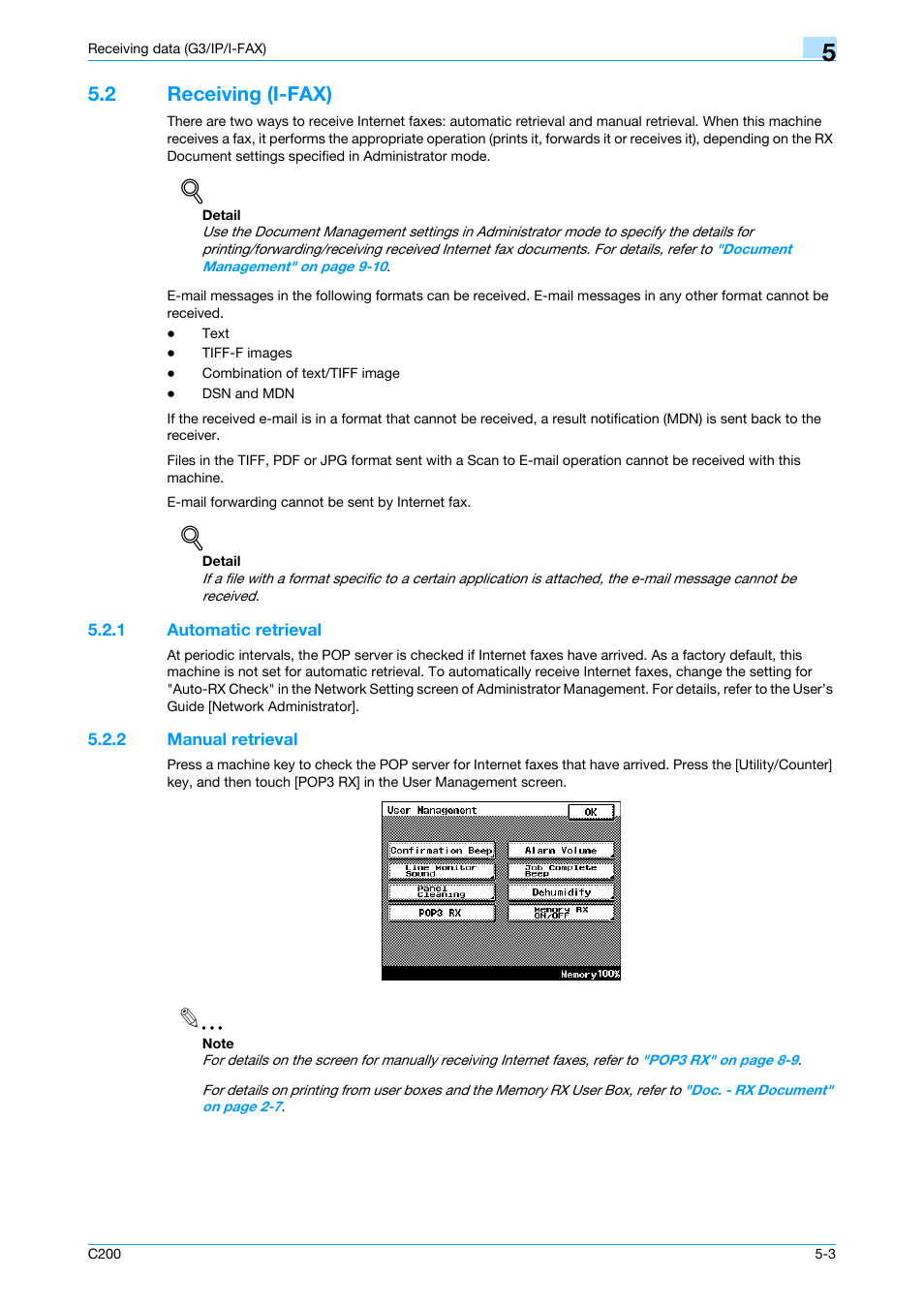 2 receiving (i-fax), 1 automatic retrieval, 2 manual retrieval | Receiving (i-fax) -3, Automatic retrieval -3, Manual retrieval -3 | Konica Minolta bizhub C200 User Manual | Page 84 / 176