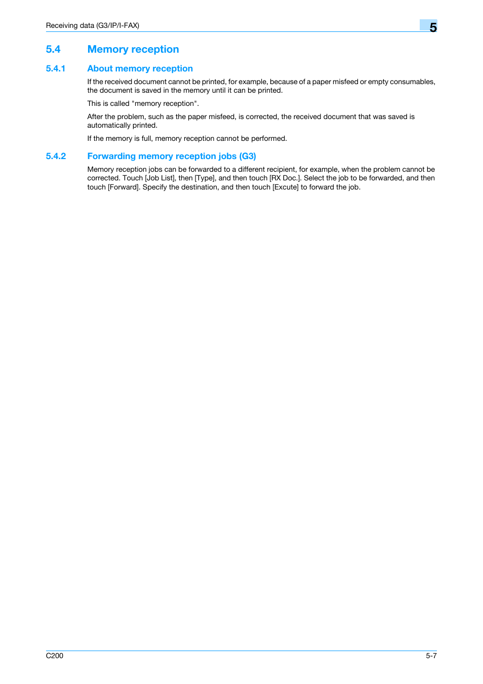 4 memory reception, 1 about memory reception, 2 forwarding memory reception jobs (g3) | Memory reception -7, About memory reception -7, Forwarding memory reception jobs (g3) -7 | Konica Minolta bizhub C200 User Manual | Page 88 / 176