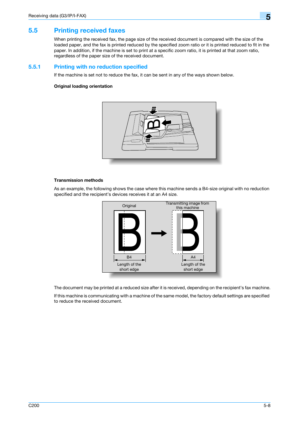 5 printing received faxes, 1 printing with no reduction specified, Original loading orientation | Transmission methods, Printing received faxes -8 | Konica Minolta bizhub C200 User Manual | Page 89 / 176