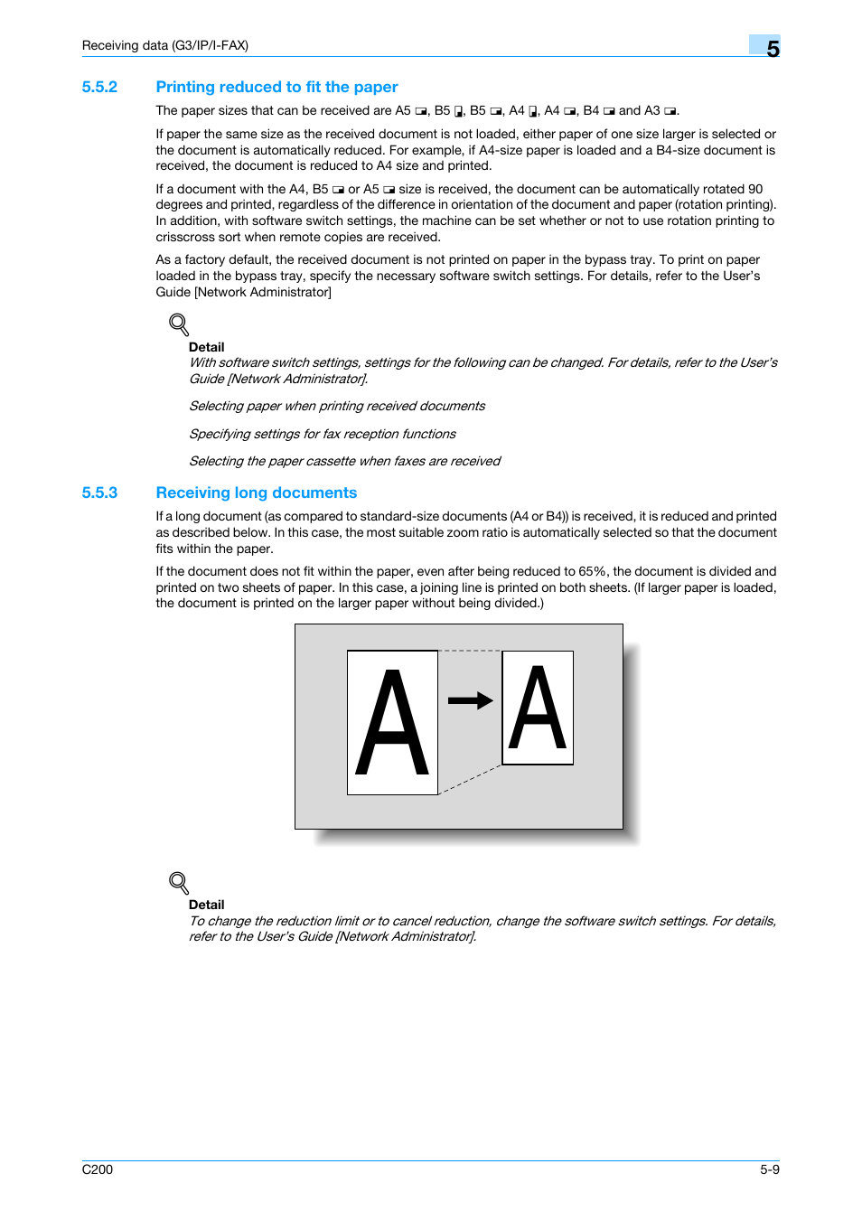 2 printing reduced to fit the paper, 3 receiving long documents, Printing reduced to fit the paper -9 | Receiving long documents -9 | Konica Minolta bizhub C200 User Manual | Page 90 / 176
