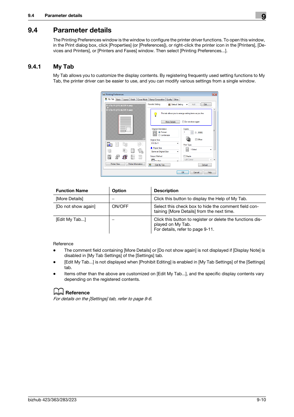 4 parameter details, 1 my tab, Parameter details -10 | My tab -10 | Konica Minolta BIZHUB 223 User Manual | Page 101 / 294