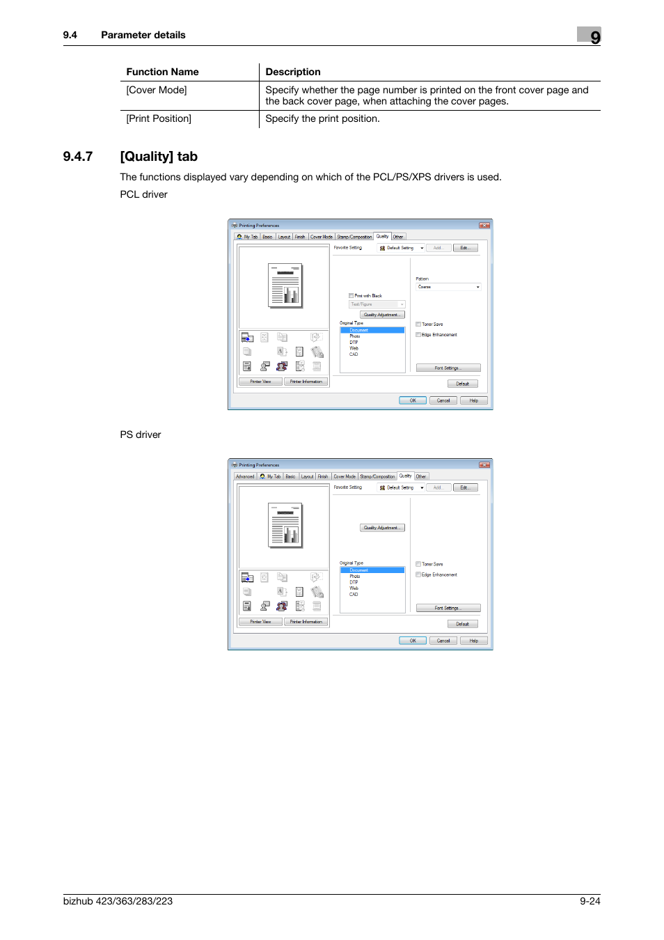 7 [quality] tab, Quality] tab -24 | Konica Minolta BIZHUB 223 User Manual | Page 115 / 294